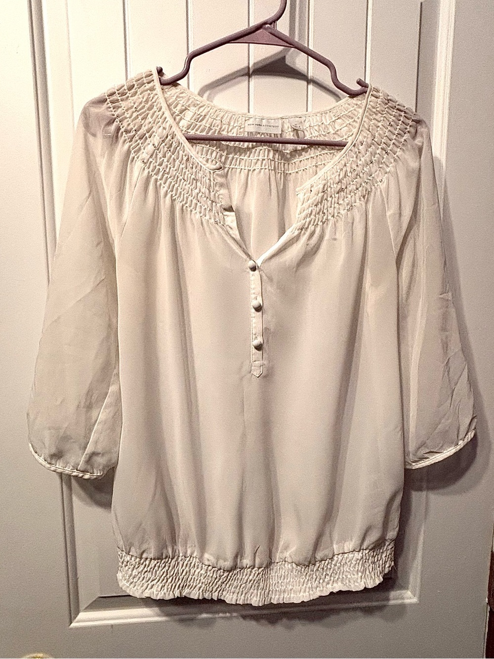 New York & Company Ivory Smocked-Yoke Peasant Top